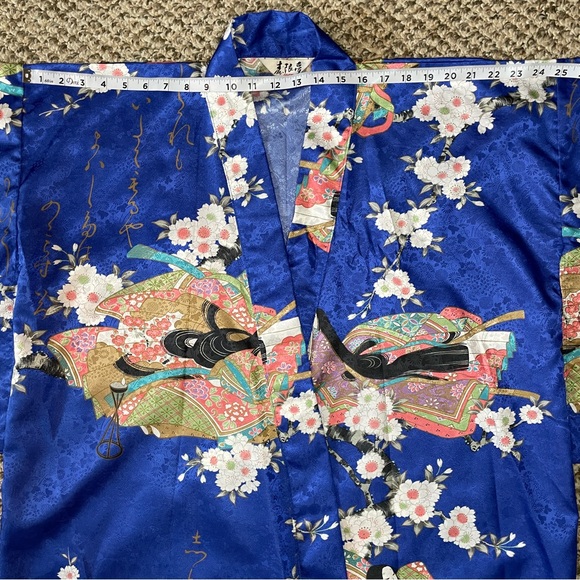 Vintage Juguemm Japanese Geisha & Cherry Blossoms Print Kimono Robe - Blue - Picture 9 of 13